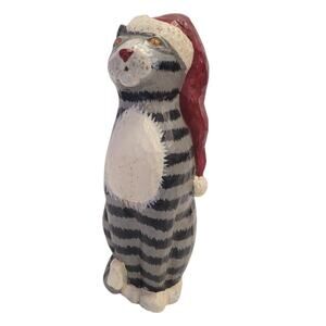 Christmas Gray Tabby Cat With Santa Hat Folk Carved Resin Kurt Adler. 6.25"